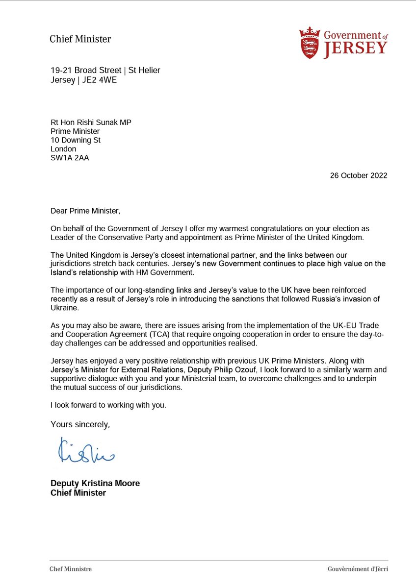 I send my warmest congratulations, and those of all Ministers in @GovJersey, to @RishiSunak on becoming UK Prime Minister. We look forward to working productively with his new government and ensuring the strong relationship between Jersey and the UK continues to thrive! 🇯🇪 🇬🇧