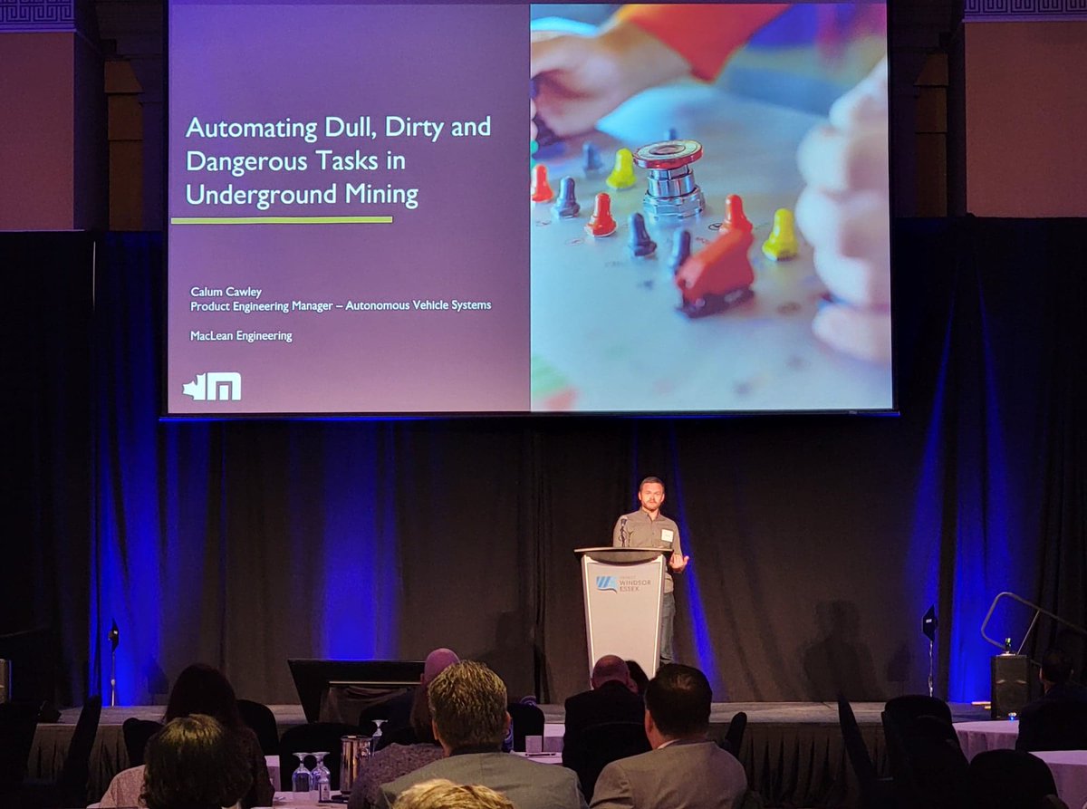 _investwe's tweet photo. Speaker Calum Cawley, Product Engineering Manager – Autonomous Vehicle Systems @MacLeanEng presents Automating Dull, Dirty and Dangerous Tasks in Underground Mining at #EmergingTech2022 #PowerofAutomation #WindsorEssex. https://t.co/nVvFDsXN5F