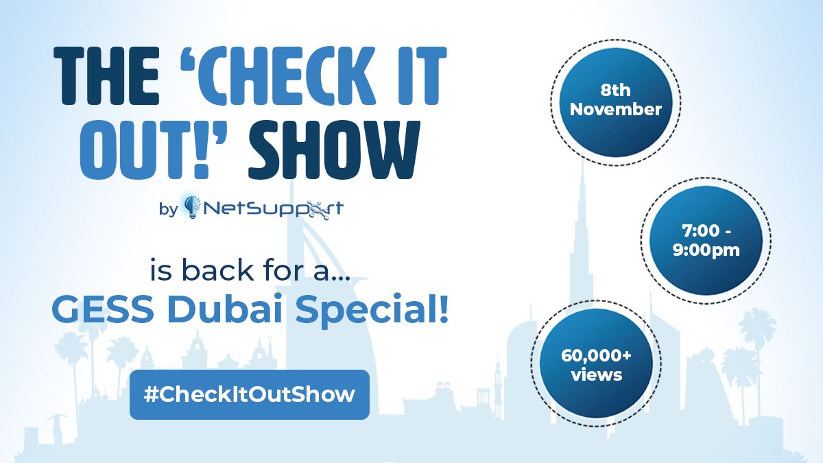 NetSupportGroup's tweet photo. Discover new #Solutions ready for the new #SchoolYear! Watch the #CheckItOutShow, #GESSDubai special with @AlKingsley_Edu & @ICTEvangelist to see the latest #EduSolutions your #School needs to know about. Nov 8th from 7pm - set your alerts here: https://t.co/MnVeaEsCzm https://t.co/nTy2PjoJPw