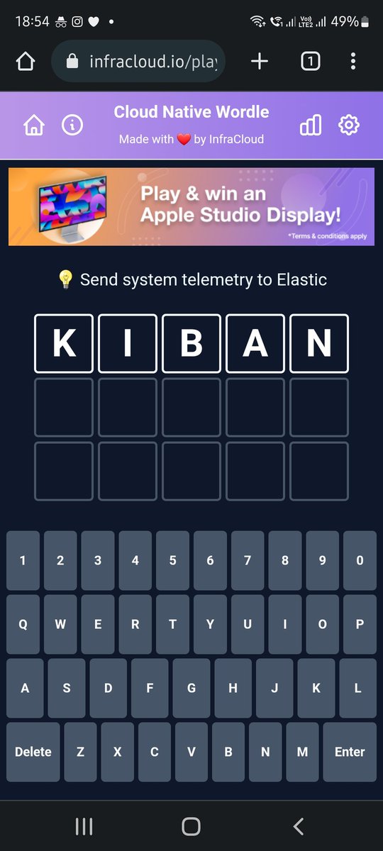 While the #KubeCon keynote is under way, maybe you can quickly help me with this one.

I know Kibana does it, but it doesn't fit in this #CloudNative #Wordle?

PS: You can play it here 👇🏼
cloudnativewordle.com &amp; win an Apple Studio Display!

<a href="/infracloudio/">InfraCloud - An Improving Company</a> this is tough 😭