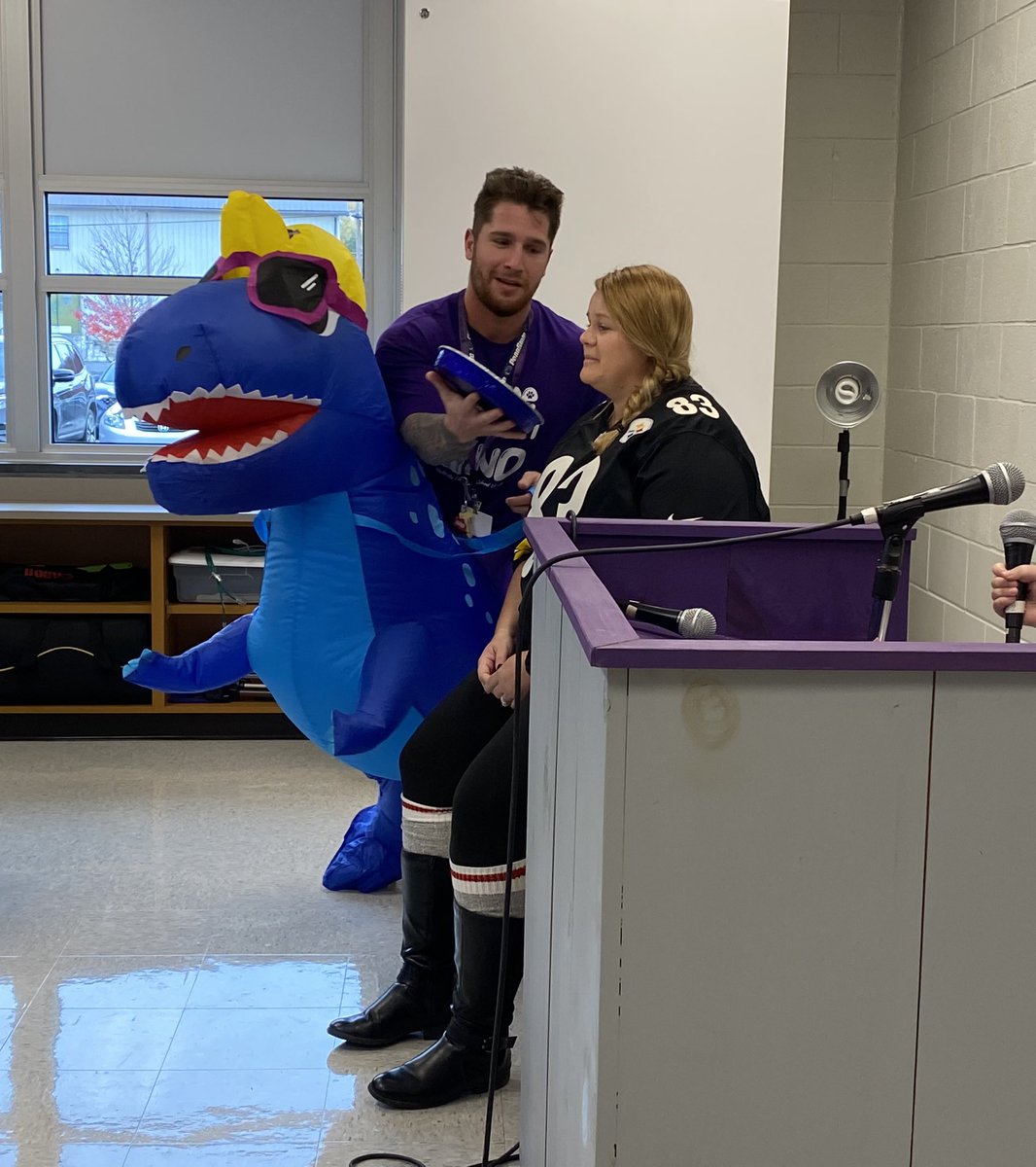 jendeib's tweet photo. @WESpolarbears announced their Polar Bear Run winners today on WE-TV. Mr. Locke celebrated in a dinosaur costume…and pieing Mrs. V! 
#becomebelongbenorthern https://t.co/iXV30PQ0Nr