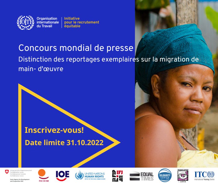 📣JOURNALISTES | L'@OITinfo lance le Concours Mondial de Presse 2022 sur la Migration de main-d'œuvre ! Les journalistes sont invités à soumettre leurs meilleurs reportages. ➡️Plus d'infos par ici : ilo.org/gmc 🗓️Date limite : 31 octobre 2022 #Migration #Travail