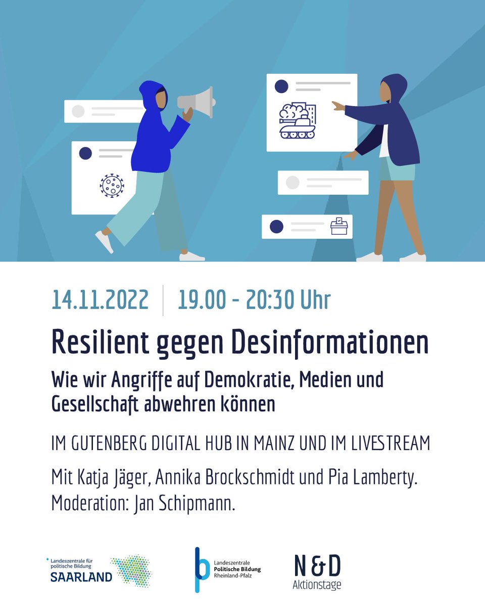 Bundesweite Aktionstage Netzpolitik & Demokratie (@aktionstagenetz) on Twitter photo #SaveTheDate: Auftakt <a href="/AktionstageNetz/">Bundesweite Aktionstage Netzpolitik & Demokratie</a> in #Mainz am 14.11. 19 h.
Resilient gegen Desinformationen
Wie wir Angriffe auf Demokratie, Medien u Gesellschaft abwehren können
Mit <a href="/KatjaJaeger/">Katja Jaeger</a> <a href="/pia_lamberty/">Pia Lamberty</a> <a href="/ardenthistorian/">Annika Brockschmidt</a>
Moderation <a href="/JanSchipmann/">Jan Schipmann</a>
netzpolitische-bildung.de/veranstaltung/… #ATnetPol #SaveTheDate: Auftakt <a href="/AktionstageNetz/">Bundesweite Aktionstage Netzpolitik & Demokratie</a> in #Mainz am 14.11. 19 h.
Resilient gegen Desinformationen
Wie wir Angriffe auf Demokratie, Medien u Gesellschaft abwehren können
Mit <a href="/KatjaJaeger/">Katja Jaeger</a> <a href="/pia_lamberty/">Pia Lamberty</a> <a href="/ardenthistorian/">Annika Brockschmidt</a>
Moderation <a href="/JanSchipmann/">Jan Schipmann</a>
netzpolitische-bildung.de/veranstaltung/… #ATnetPol