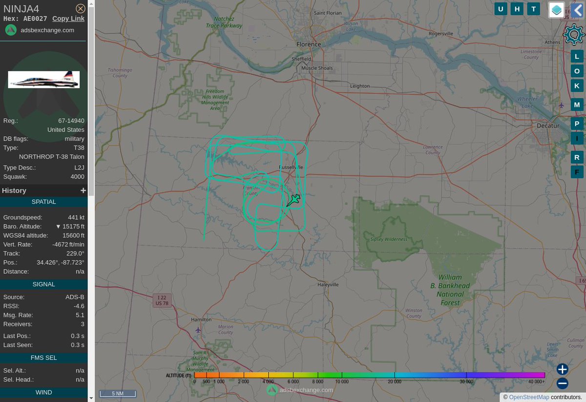 Radar_Assistant's tweet image. MULTI ADSBX MANOEUVRING ALERT : At time Wed Oct 26 14:23:33 2022 #NINJA4   was likely to be manoeuvring at FL170 19nm from MSL Muscle_Shoals_VORTAC_US
 near Frankfort, Franklin County, Alabama, United States #AvGeek #ADSB globe.adsbexchange.com/?icao=AE0027&amp;amp;z…