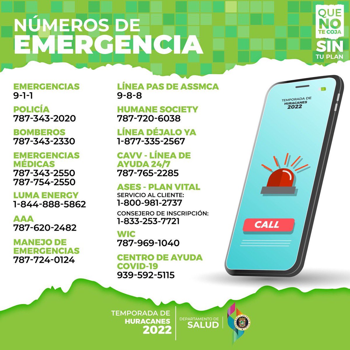Continúa la Vigilancia de Inundaciones Repentinas para Puerto Rico. Guarda y comparte la lista de teléfonos que pueden ser importantes en caso de una emergencia.
