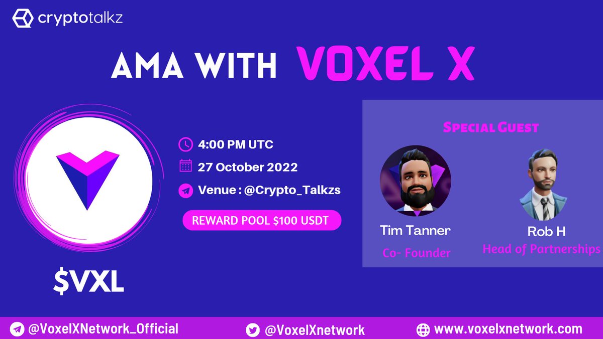 CryptoTalkzInfo's tweet photo. 🎙️Crypto Talkz is pleased to announce our next #AMA with Voxel X On 27th October at 4:00 PM UTC 

💰Reward Pool : $100 USDT 

🏠Venue : https://t.co/lzUOspydA2

〽️Rules :
1⃣ Follow @CryptoTalkzInfo &amp; @VoxelXnetwork
2⃣ Like &amp; Retweet
3⃣ Comment Questions &amp; Tag 3 Friends https://t.co/WGFPqVkaGj