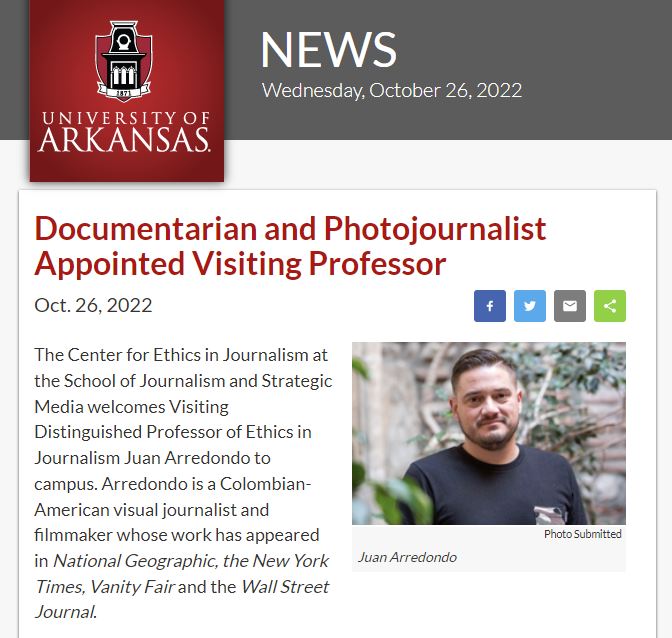 uarkjournalism's tweet photo. The Center for Ethics in Journalism at the School of Journalism and Strategic Media welcomes Visiting Distinguished Professor of Ethics in Journalism Juan Arredondo to campus today 10/26/22

https://t.co/QazNqKPyBp https://t.co/My4P1C1LED
