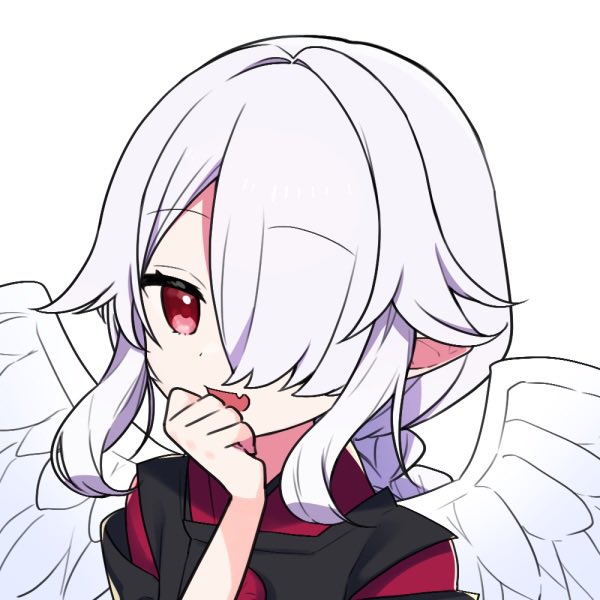 1girl hair over one eye wings red eyes solo white background white wings  illustration images