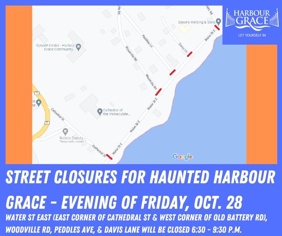 townofhrgrace's tweet photo. October 26, 2022:

The following streets along Water Street East, Harbour Grace, will be closed on Friday, October 28, from 6:30 – 9:30 p.m. for @cbmuseum1870's annual performance of Haunted Harbour Grace.

Visit our website for full details: https://t.co/M1d21DQKqO https://t.co/2AizLRq8se
