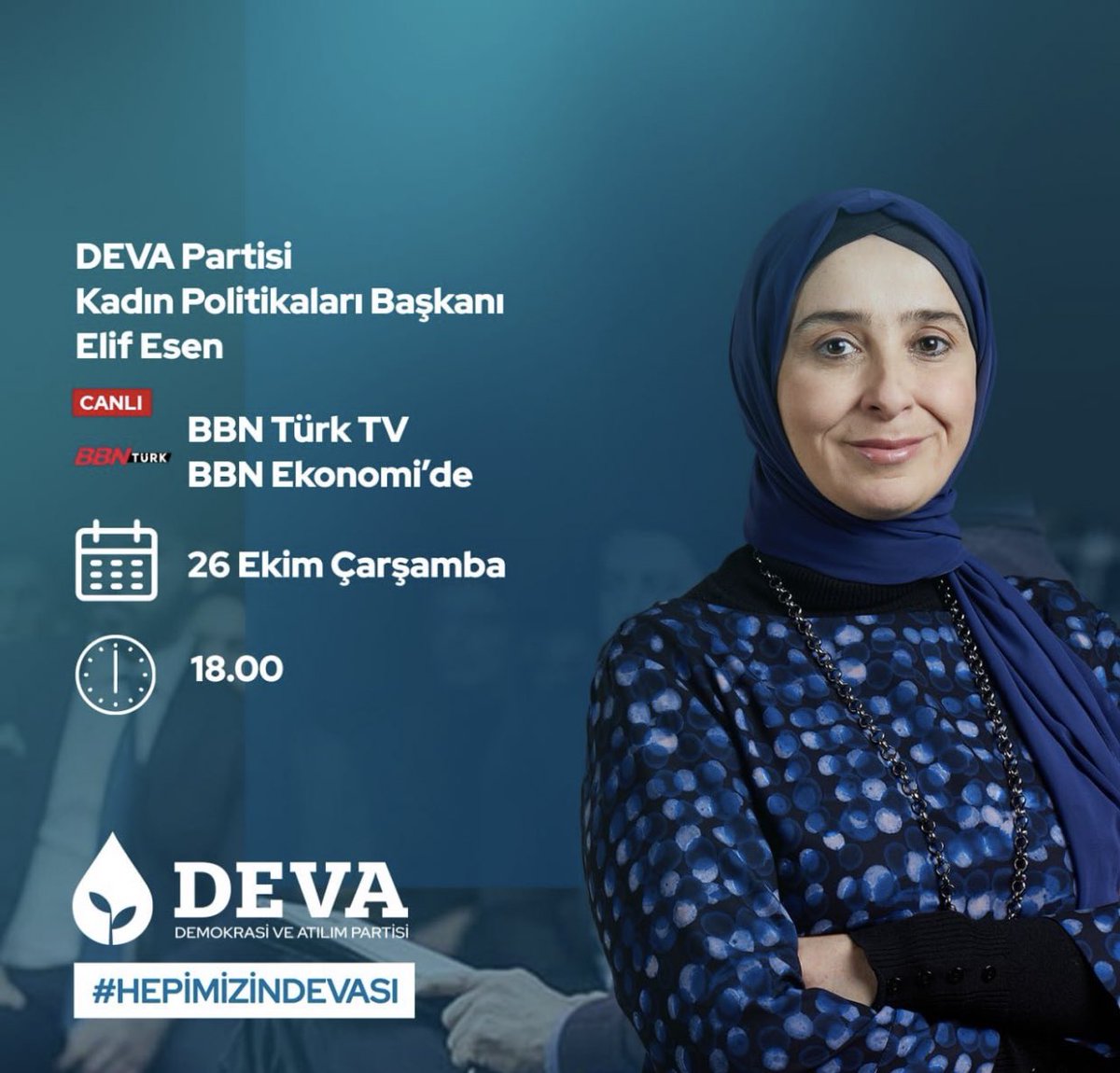 💧🌱DEVA Partisi Kadın Politikaları Başkanı <a href="/elifesendeva/">Elif Esen</a> 26 Ekim Çarşamba, 

🗓 BUGÜN

🕰 18.00'de

📺 @bbnturktv'de <a href="/sedakbay/">Seda Akbay</a> ile "BBN Ekonomi" programında gündemi değerlendirecek.

.<a href="/alibabacan/">Ali Babacan</a> .<a href="/devapartisi/">DEVA Partisi</a>