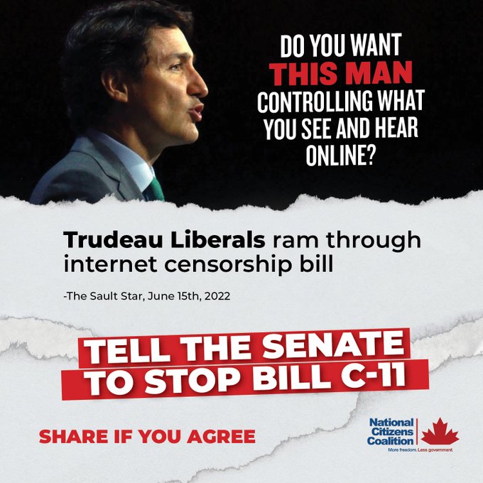 Despite all of our best efforts, the unconscionable and undemocratic Bill C-11 has passed second reading thanks to Trudeau's allies in the Senate. The fight isn't over. CLICK THE LINK to reach dozens of senators right now, and SHARE this campaign: oneclickpolitics.global.ssl.fastly.net/messages/edit?…