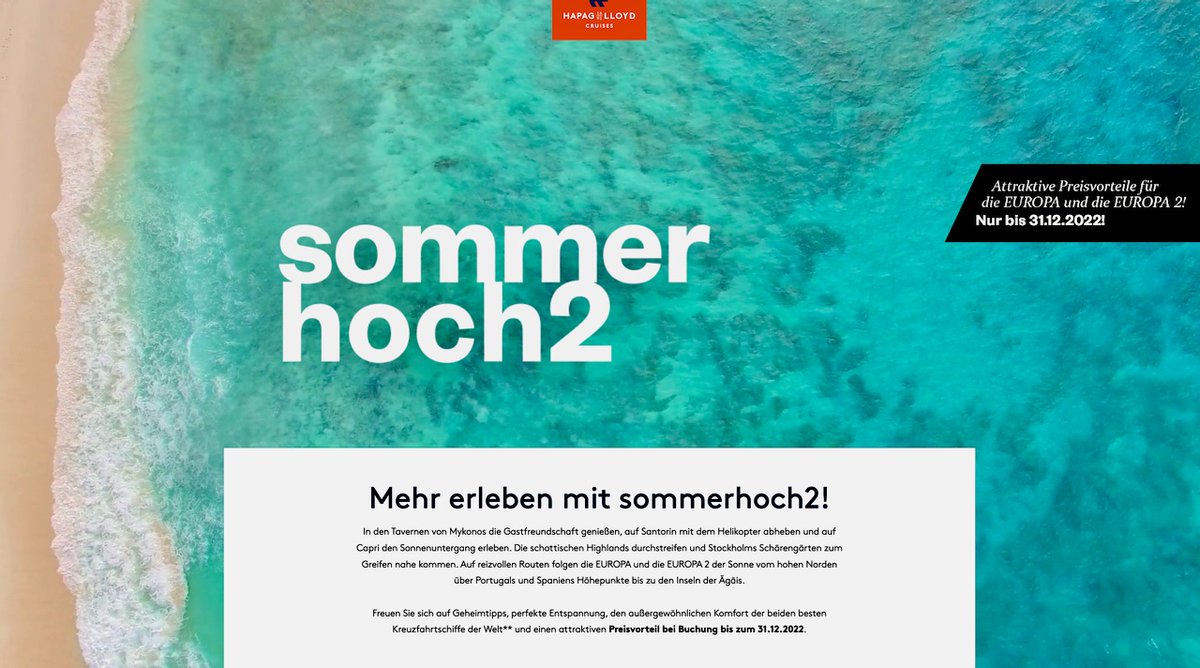 Auf reizvollen Routen folgen #MSEUROPA und #MSEUROPA2 der Sonne – vom hohen Norden über Portugals und Spaniens Höhepunkte zu den Inseln der Ägäis. Buchen Sie bis 31. Dezember 2022 Ihren sommerhoch2 und profitieren Sie für Reisen von April bis Oktober 2023: hlcruis.es/9d