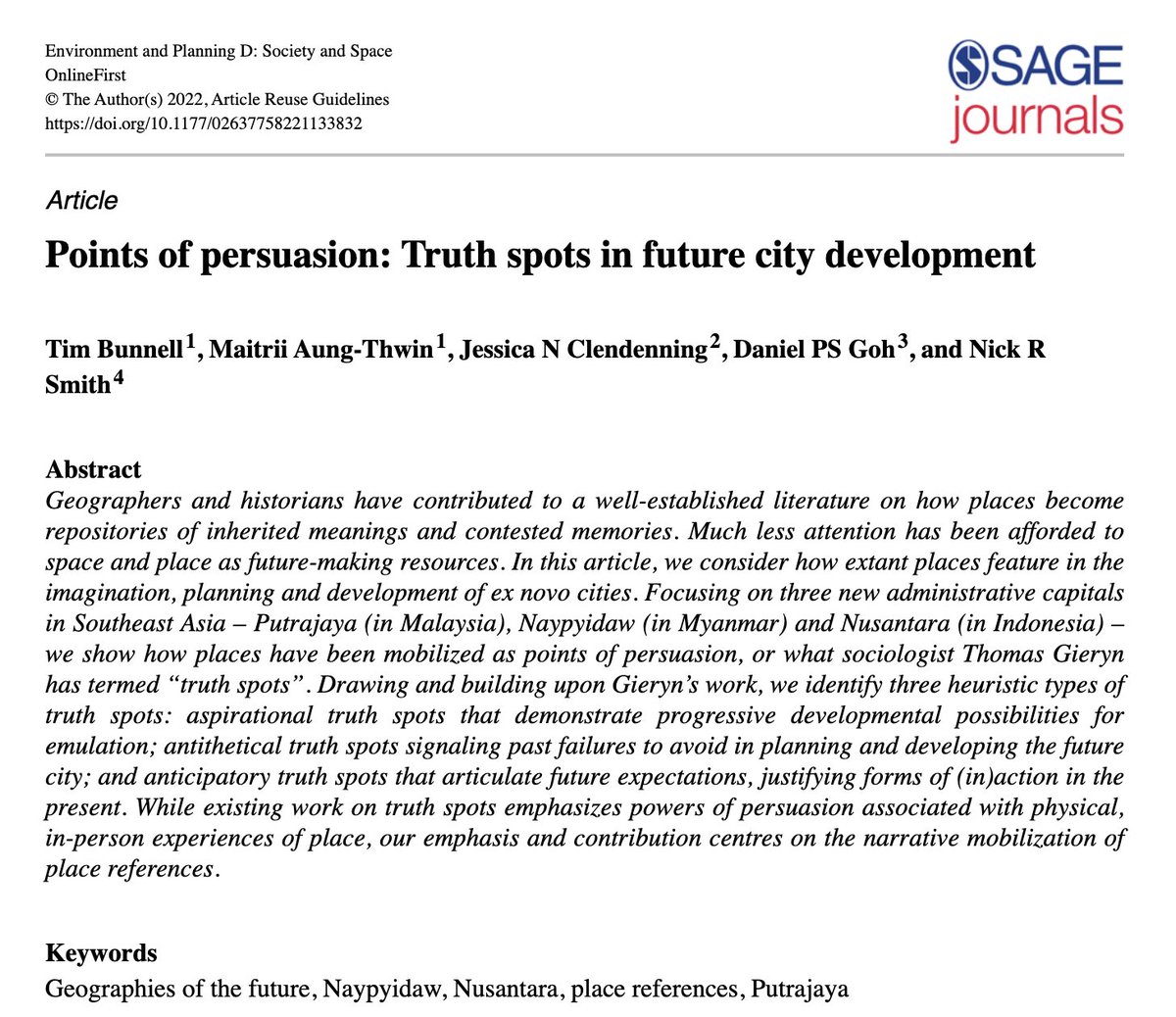 Online 1st: Tim Bunnell, Maitrii Aung-Thwin, @IbuJessika  @DanielPSGoh and @urbanismith 
'Points of persuasion: Truth spots in future city development'
journals.sagepub.com/doi/10.1177/02…