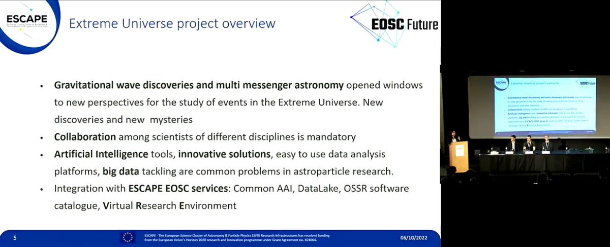 ESCAPE_EU's tweet photo. The #ESCAPE @EOSCFuture Extreme #Universe &amp; #GravitationalWaves &amp; #DarkMatter #science projects will tackle complex #scientific questions and show the impact joint #opendata #research projects can have and how the #EOSC can support them @ElenaCuoco @ego_virgo #ESCAPEtotheFuture https://t.co/CqXnQvYRGU