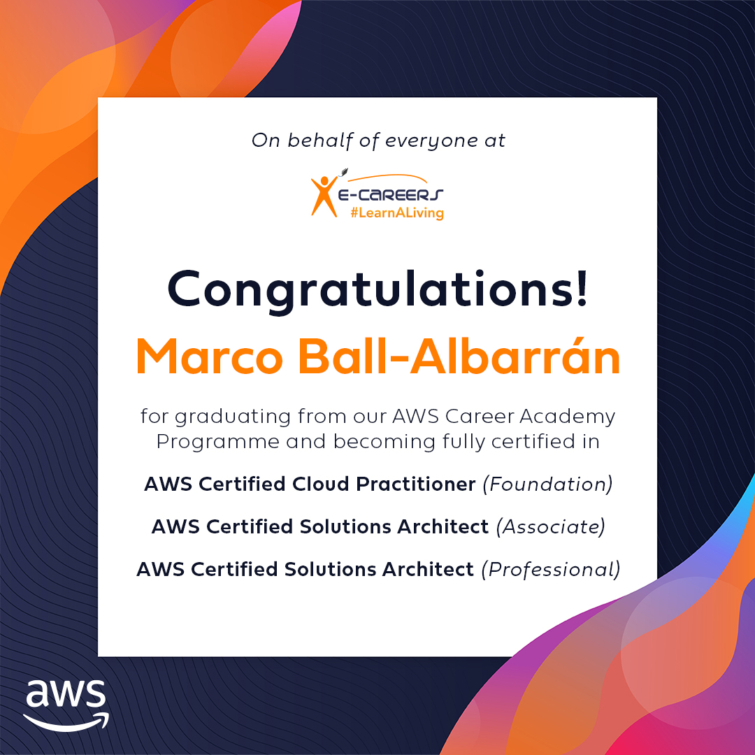 eCareersLtd's tweet photo. Today's Student Shoutout is for Marco Ball-Albarrán, who recently graduated from our AWS Career Academy Programme. Congratulations on this fantastic achievement and best of luck with your career goals going forward! #AmazonWebServices #AWS #CloudComputing #Cloud #learnaliving https://t.co/eexeIa6Pbv