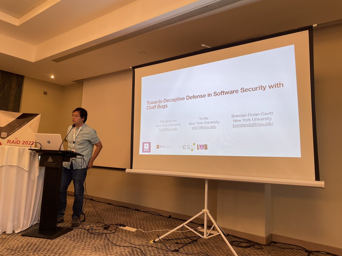 Make your software more secure by… adding more bugs to it?? <a href="/highw4y2h3ll/">Zhenghao Hu</a> presents our work on Chaff Bugs at <a href="/RAID_Conference/">RAID Conference</a> 2022 in Cyprus :)