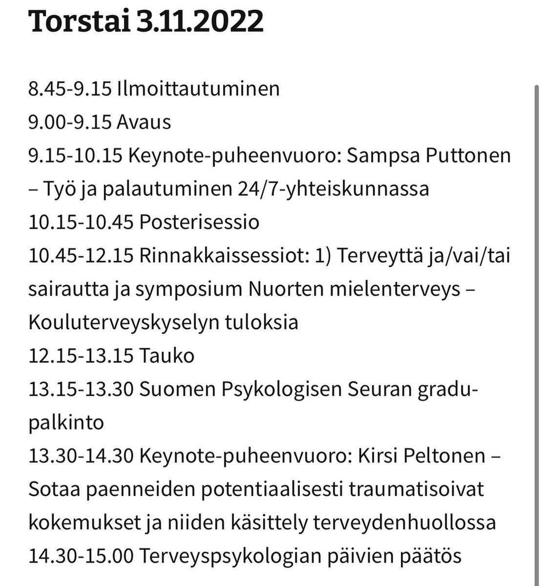 terpsyjaos's tweet photo. Terveyspsykologian päivät ENSI VIIKOLLA! 💥

Kuvista näet päivien ohjelman 🥳

28.10.2022 klo 16.15 asti voit ilmoittautua päiville täällä: 

https://t.co/nrf34aATWi

Lämpimästi tervetuloa! 

#terveyspsykologianpäivät #terveyspsykologia #thl https://t.co/IneE5qZ4yq