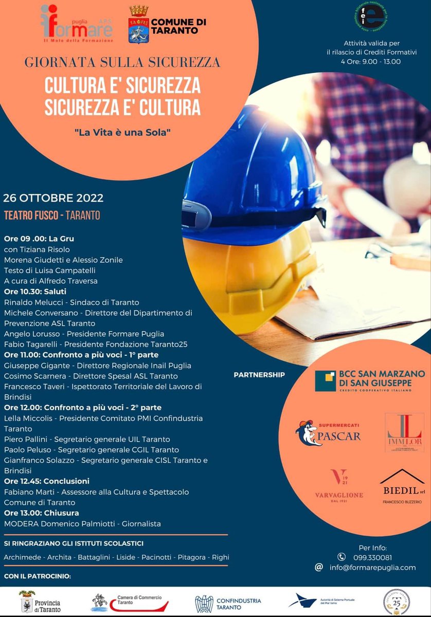 CislTaBr's tweet photo. #26OTT22 #Taranto @gianfr_solazzo partecipa alla Giornata sulla Sicurezza presso il #TeatroFusco #culturaesicurezza #sicurezzaecultura @CislNazionale @CislPuglia https://t.co/sgoMYbBHR7