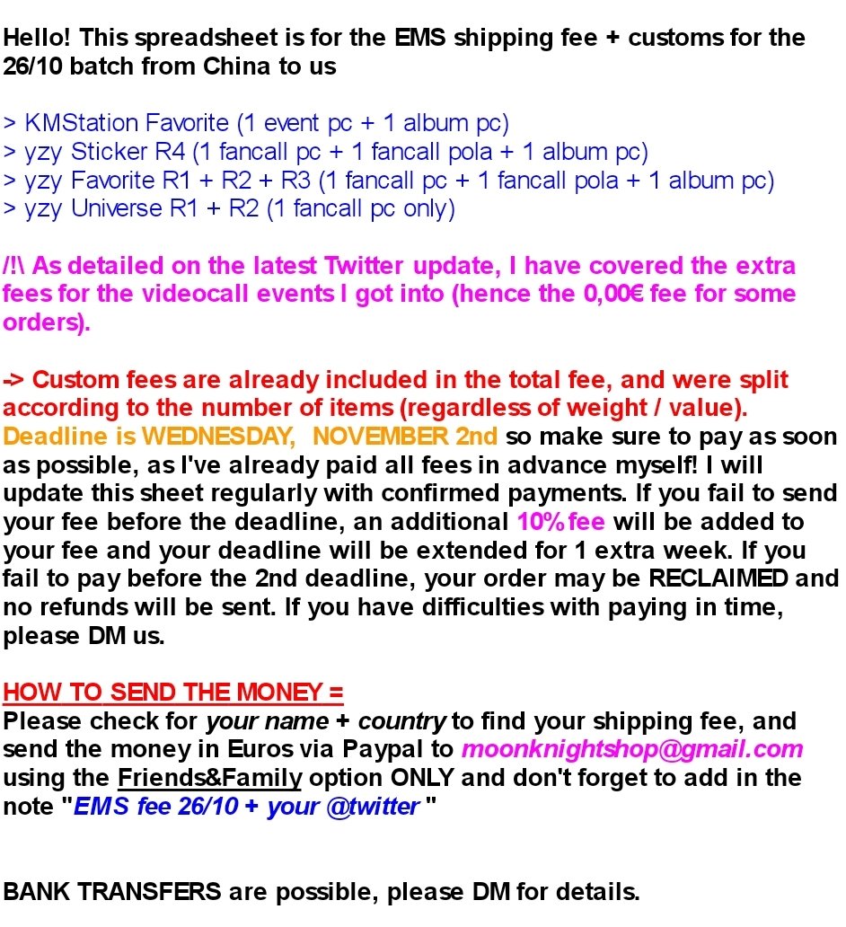 MoonKnightGOs's tweet photo. #moonknightupdates
re: split EMS fees 26/10 batch from China [yzy + kmstation GOs]

💙 Please read ALL the info in the sheet carefully
💚 Open the link to find your name + fee
💙 Deadline = Nov 2nd

➡️ LINK: https://t.co/xdEgNFpokk https://t.co/5XO4pzH0Ux