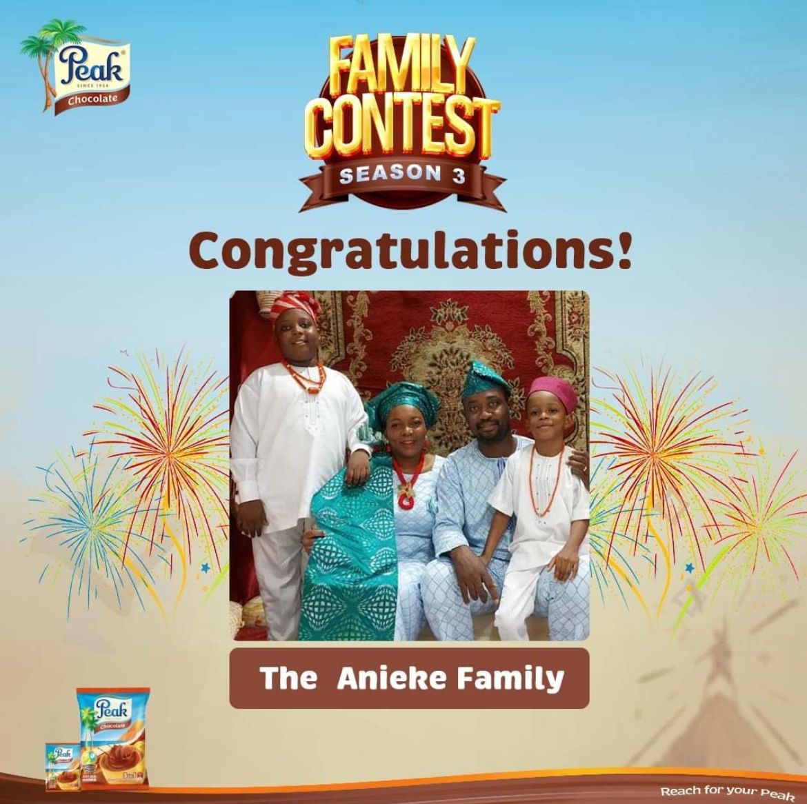 Congratulations to the Aniekes for winning last week's #PeakChocolateFamilyContestS3. All families that won during the preliminary rounds would be competing at the finale this Saturday to win cash prizes, all-expense paid family getaway & one year supply of Peak Chocolate.