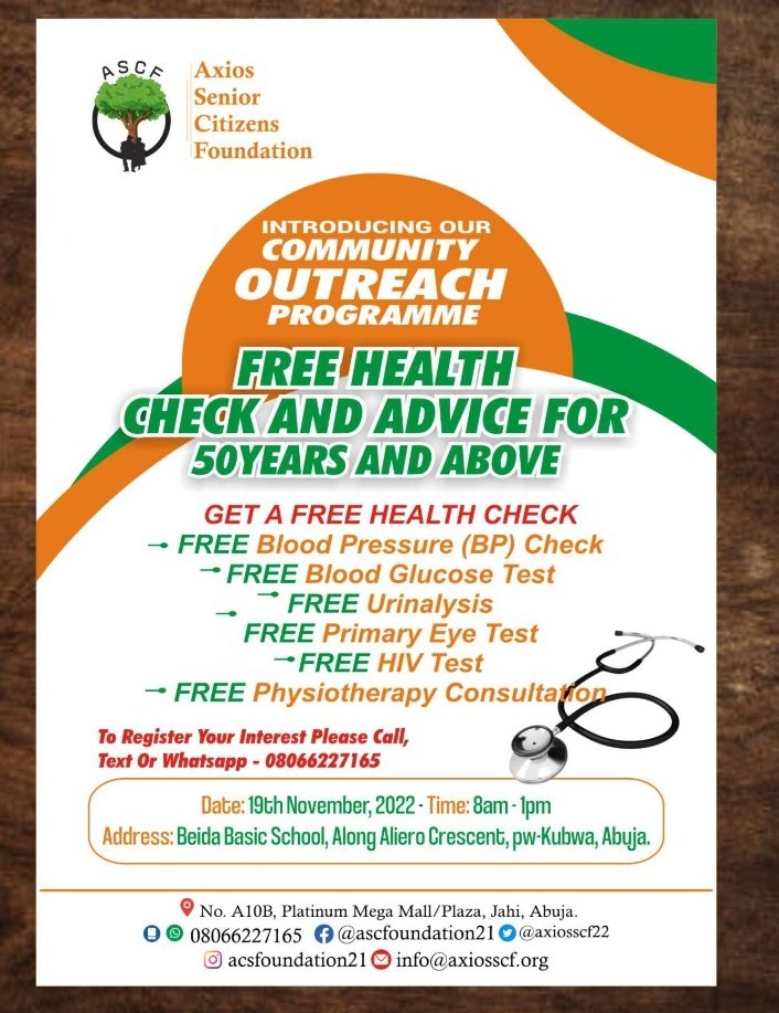 axiosscf22's tweet photo. On 19th November 2022, we will have health care professionals providing health check to seniors in Abuja and environs for 🆓
#AXIOSSCF #AbujaTwitterCommunity #WhatsApp #help https://t.co/DQ4aK2Ifja