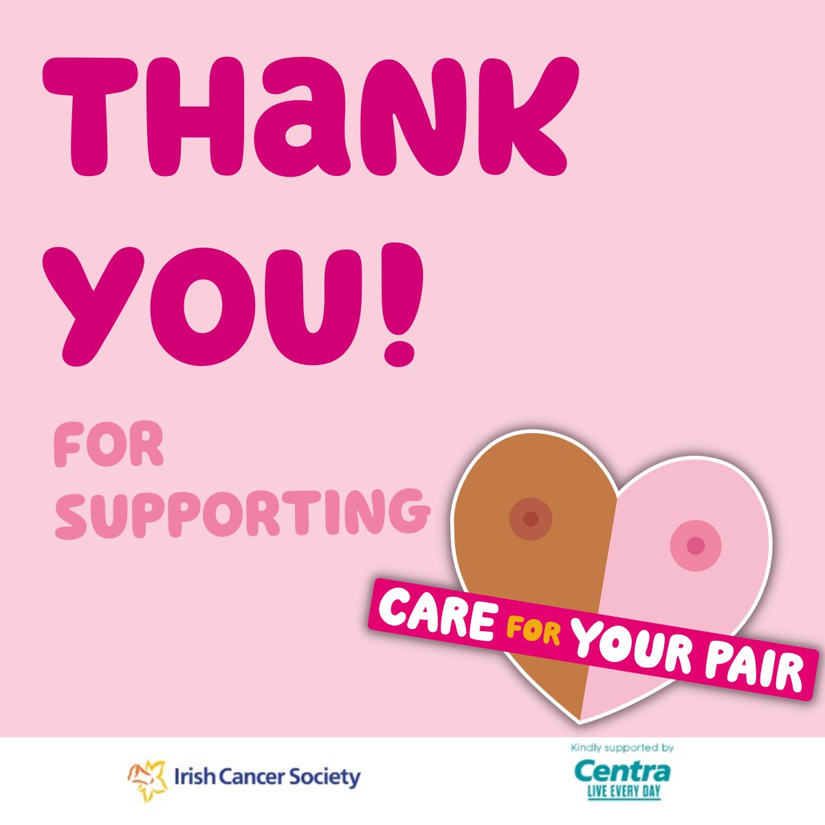 A big thank you to @CentraIRL for supporting our #CareForYourPair campaign this year 💛 An even bigger THANK YOU to all their customers who donated at the tills. All donations raised will go towards funding vital breast cancer research & support services. 👏👏👏