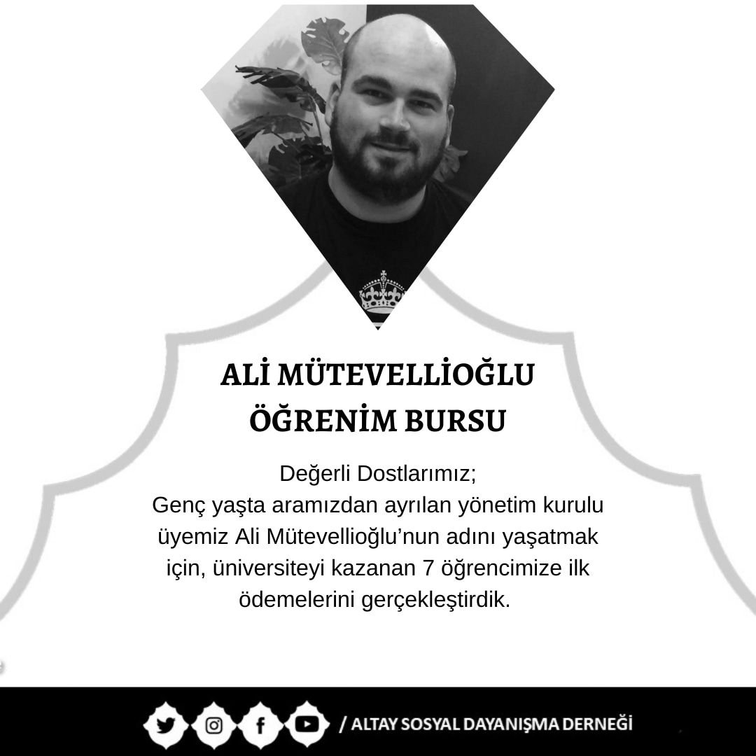 Değerli Dostlarımız;
Genç yaşta aramızdan ayrılan yönetim kurulu üyemiz Ali Mütevellioğlu’nun adını yaşatmak için, üniversiteyi kazanan 7 öğrencimize ilk ödemelerini gerçekleştirdik.

Daha fazla öğrencimize ulaşmak için desteklerinizi bekliyoruz.
