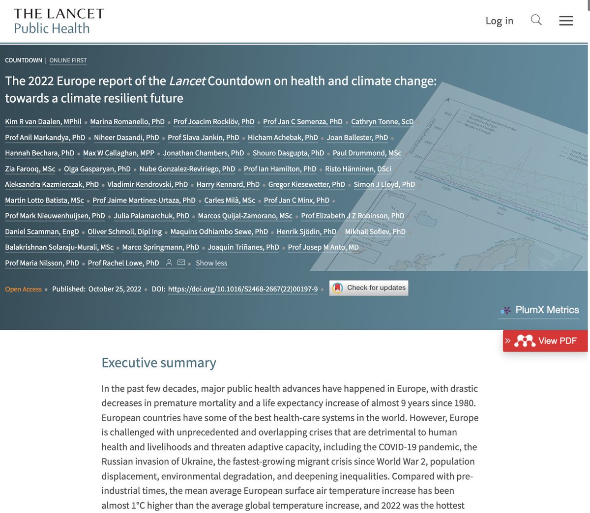 Super grateful to have been able to work with our 44 co-authors (especially the amazing @drrachellowe!) to collate evidence on the climate change 🌍 and health ❤️‍🩹 in Europe - across 33 indicators published in @TheLancetPH today! 🥳 📰:thelancet.com/journals/lanpu…