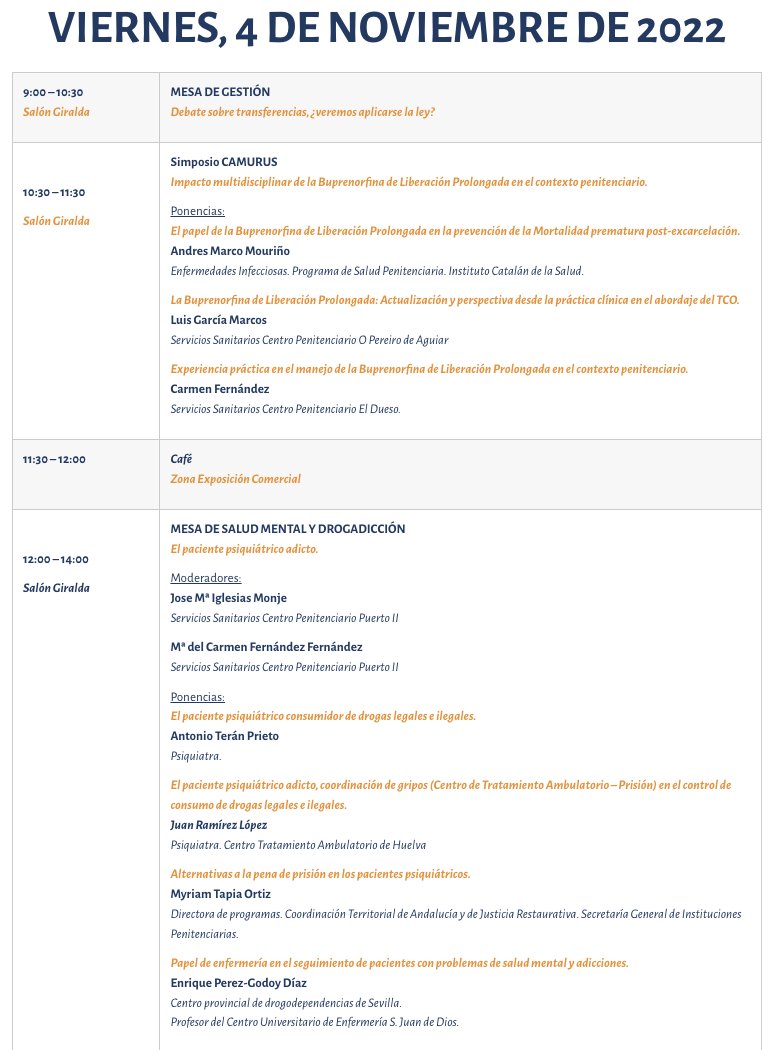 Sanidad_Peniten's tweet image. #SESP2022 XIV Congreso Nacional y XXII Jornadas de la Sanidad Penitenciaria

Programa científico del viernes 4 

👨‍🔬👩‍🔬Simposios #CAMARUS  #healthcare 
🩺Mesas de #SaludMental  y #AtencionPrimaria
🎤Comunicaciones 
🔬Talleres

jerez2022.congresosesp.es
👇👇👇👇👇👇👇👇