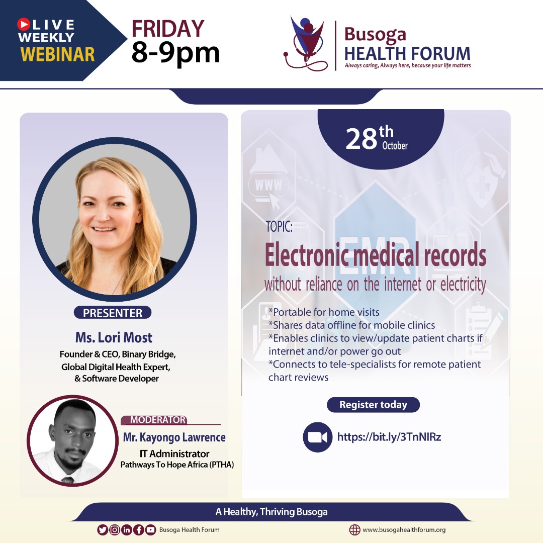 Here is another opportunity to learn!

Friday 28, 8-9pm, we will be hosting <a href="/Lori_Most/">Lori Most</a>  Founder &amp; CEO, Binary_Bridge &amp; Backpack EMR  to discuss

'Electronic #medical records without reliance on the internet or electricity'

Register to attend: bit.ly/3TnNIRz