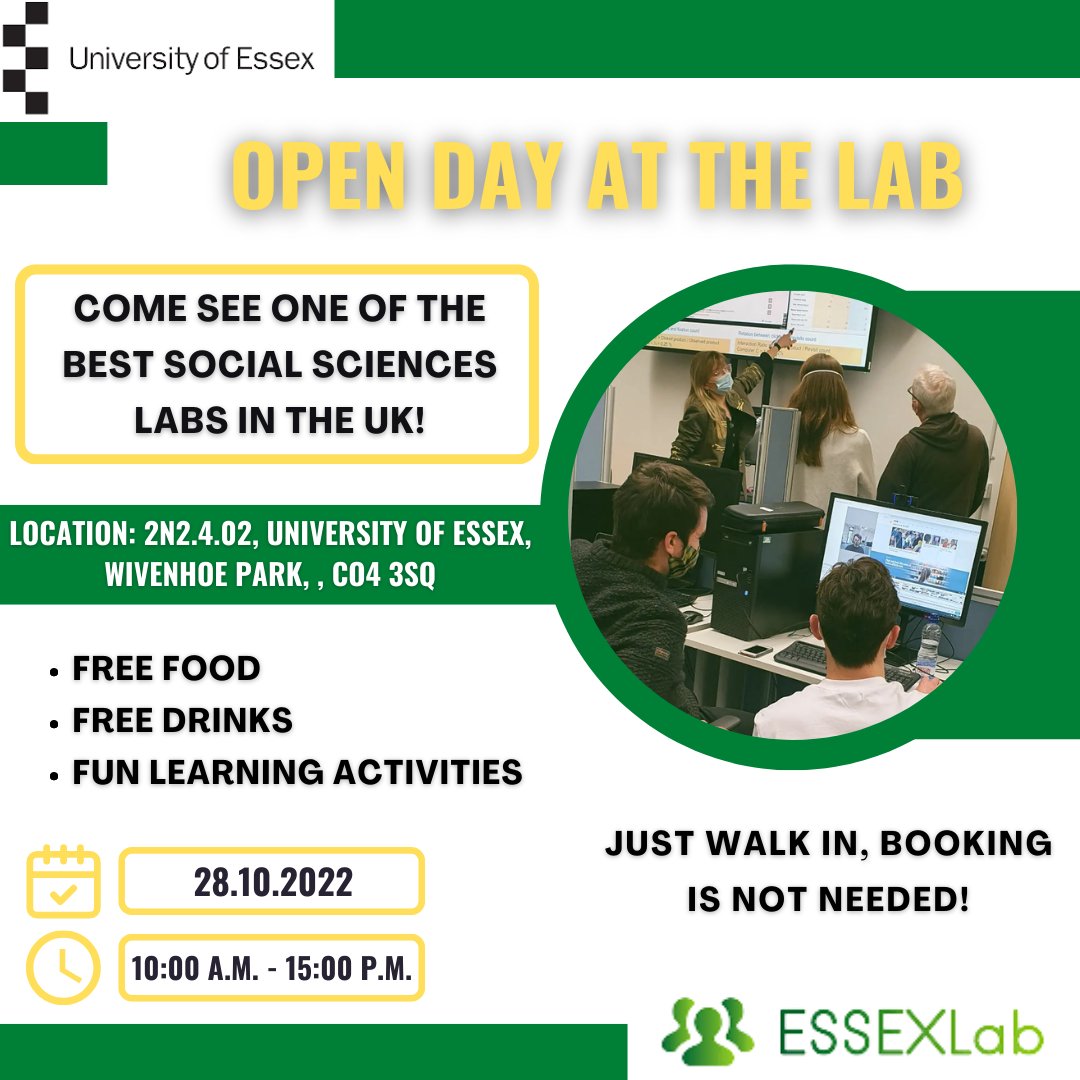 OPEN DAY at ESSEXLab! 

Come and join us for our first open day at the lab on the 28th of October, this Friday from 10:00 - 15:00. 

No booking required. Free food and drinks will be available for everyone!