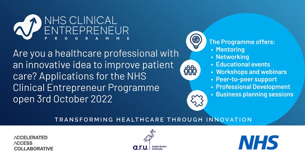 HealthInnovNet's tweet image. The Clinical Entrepreneur Programme is encouraging applications from a diverse range of healthcare professionals. Are you a #creativethinker looking to bring solutions to the challenges faced by the #NHS? 

Find out more: nhscep.com

#NHSCEP #NHSCEP7 @NHS_CEP