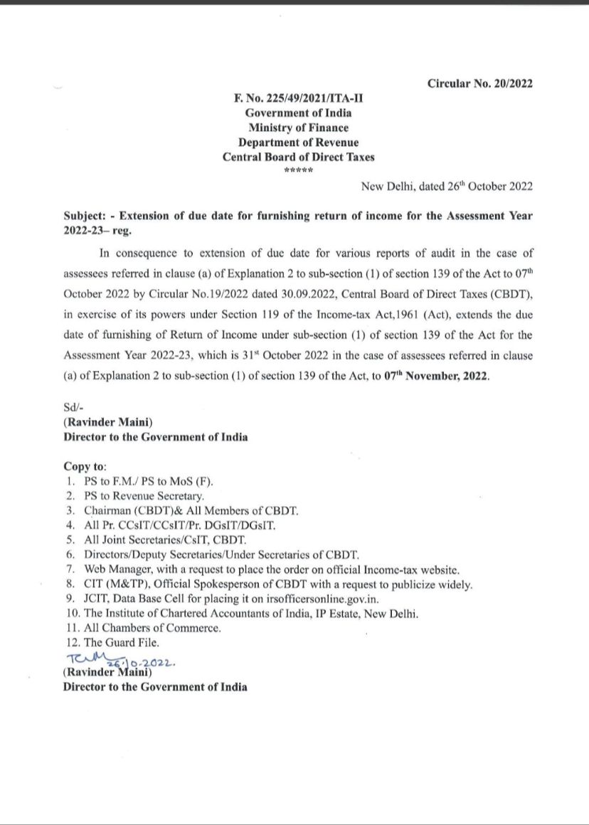 casansaar's tweet photo. Due Date for Audited income tax return for the Assessment Year 2022-23 extended upto 7.11.2022 
@IncomeTaxIndia @FinMinIndia https://t.co/NmvY43sTdj
