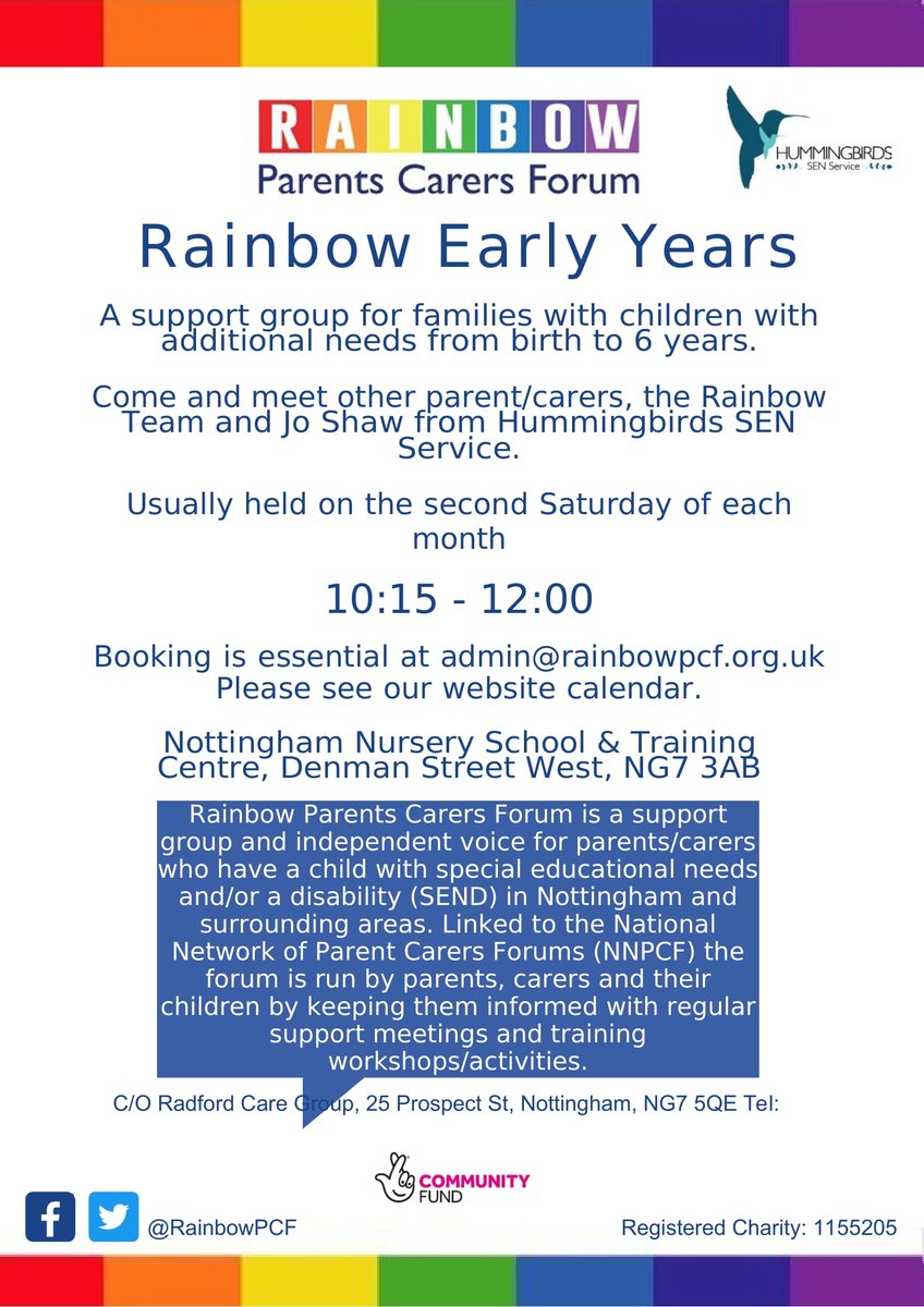 Rainbow Parents Carers Forum (@rainbowpcf) on Twitter photo Our Rainbow Early Years session is changing location on the 2nd Saturday of the month. Email is at admin@rainbowpcf.org.uk to book. For more information see below
#SEND #Nottingham #Nottinghamshire Our Rainbow Early Years session is changing location on the 2nd Saturday of the month. Email is at admin@rainbowpcf.org.uk to book. For more information see below
#SEND #Nottingham #Nottinghamshire