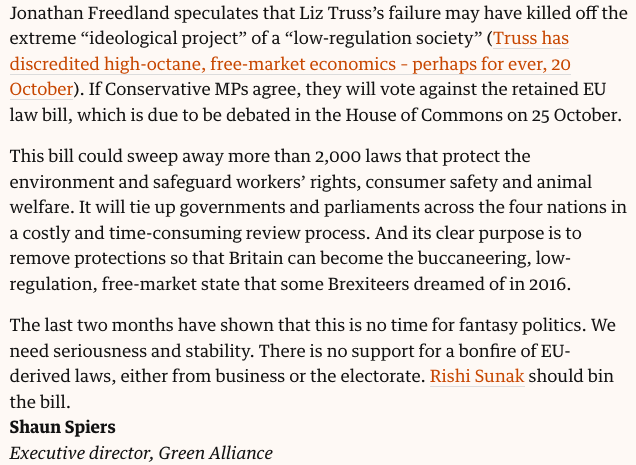 Rishi Sunak should bin the Retained EU Law Bill. 'This bill could sweep away more than 2,000 laws that protect the environment and safeguard workers’ rights, consumer safety and animal welfare.' Excellent letter by @ShaunSpiers1 @guardian