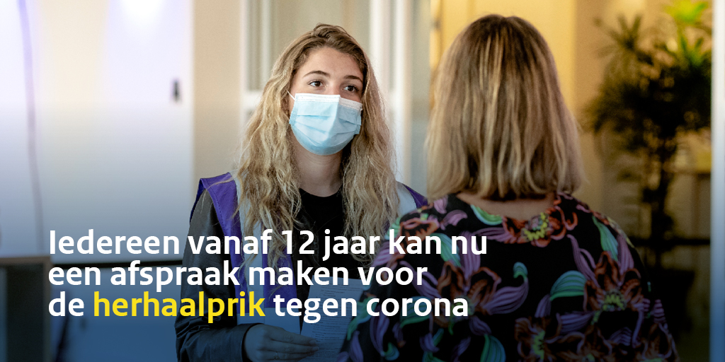 rivm's tweet photo. Iedereen van 12 jaar en ouder kan een afspraak maken voor de herhaalprik via https://t.co/JVzAXRJOHl. Ben je geboren in 2010, dan moet je voor een afspraak bellen met de GGD op 0800 - 7070. Je kan de herhaalprik minimaal 3 maanden na jouw laatste coronaprik of -besmetting halen. https://t.co/LCyhg2anXf