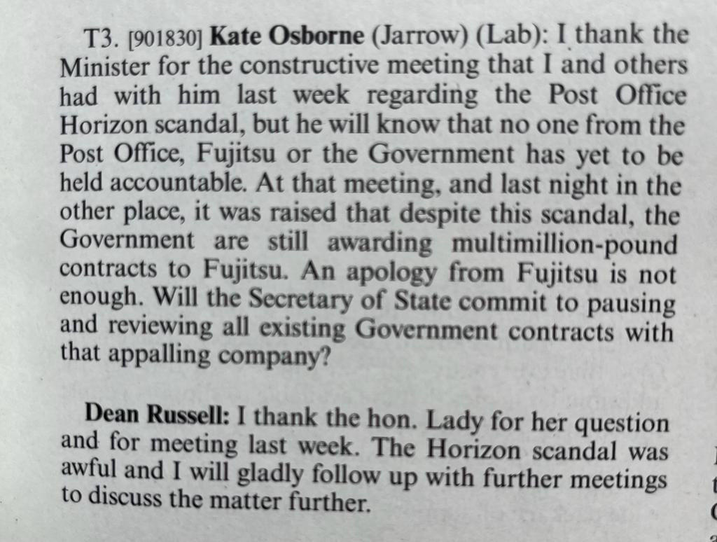 Yesterday's BEIS question 👇 The Minister's answer offers no comfort to those affected by the Horizon Scandal. Fujitsu must be held accountable for its role in this miscarriage of justice. AND the Government must stop giving them multi-million-pound contracts!