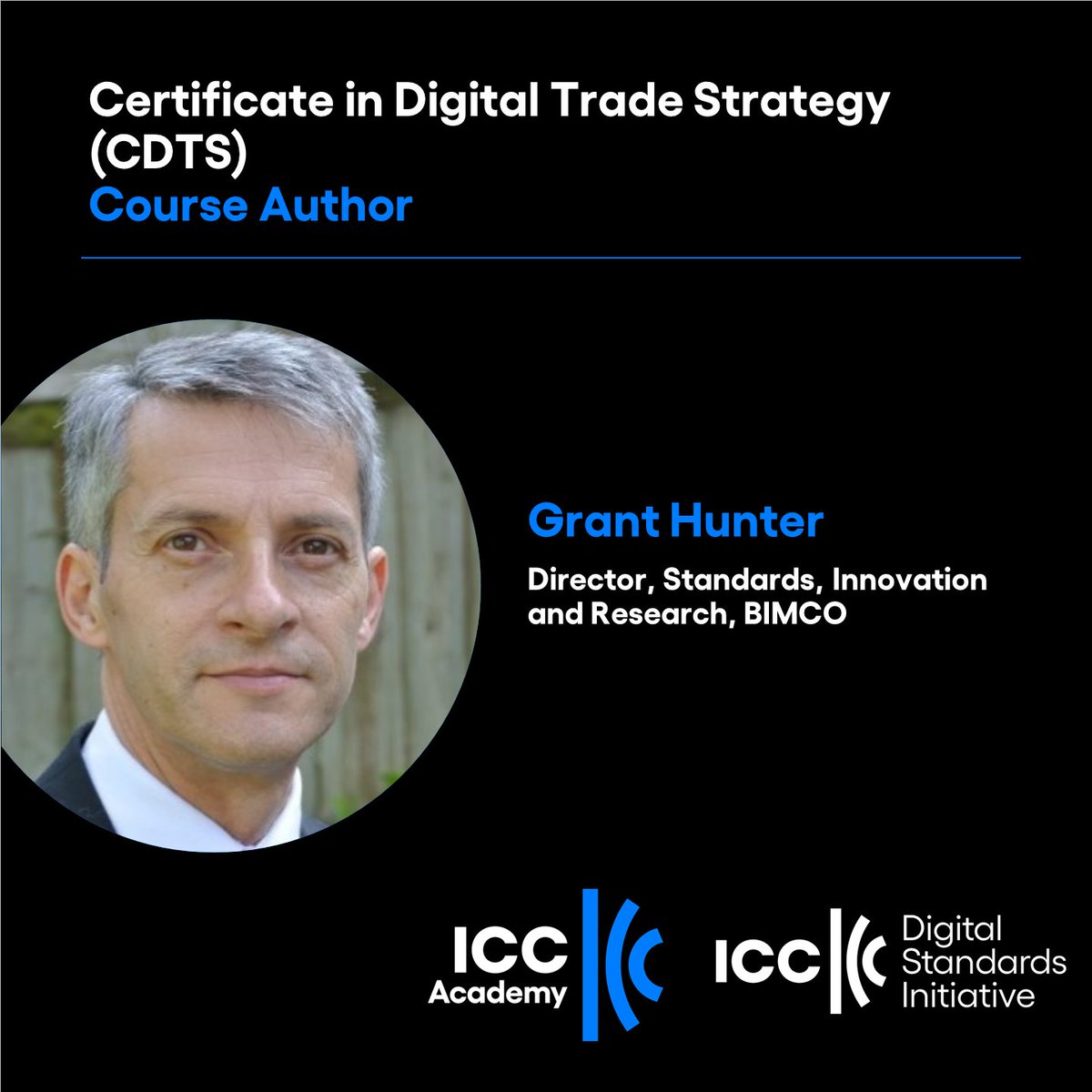 Today we are highlighting another of the 20+ course authors for the new Certificate in Digital Trade Strategy (CDTS). Grant Hunter is the Director, Standards, Innovation and Research for <a href="/BIMCONews/">BIMCO</a>, one of the world's largest shipping associations.

icc.academy/digital-trade-…