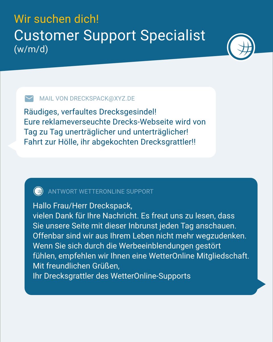 WetterOnline's tweet photo. Wenn auch du Lust auf kreative und herausfordernde Support-Arbeit hast, dann bewirb dich jetzt:
➡ https://t.co/L4AxGY5Ual
#WetterOnline #Wissenwieswird #WObistdu #Job #Stellenanzeige #CostumerSupportSpecialist #CostumerSupport #Support #CommunityManager https://t.co/BOE0v0GoXK
