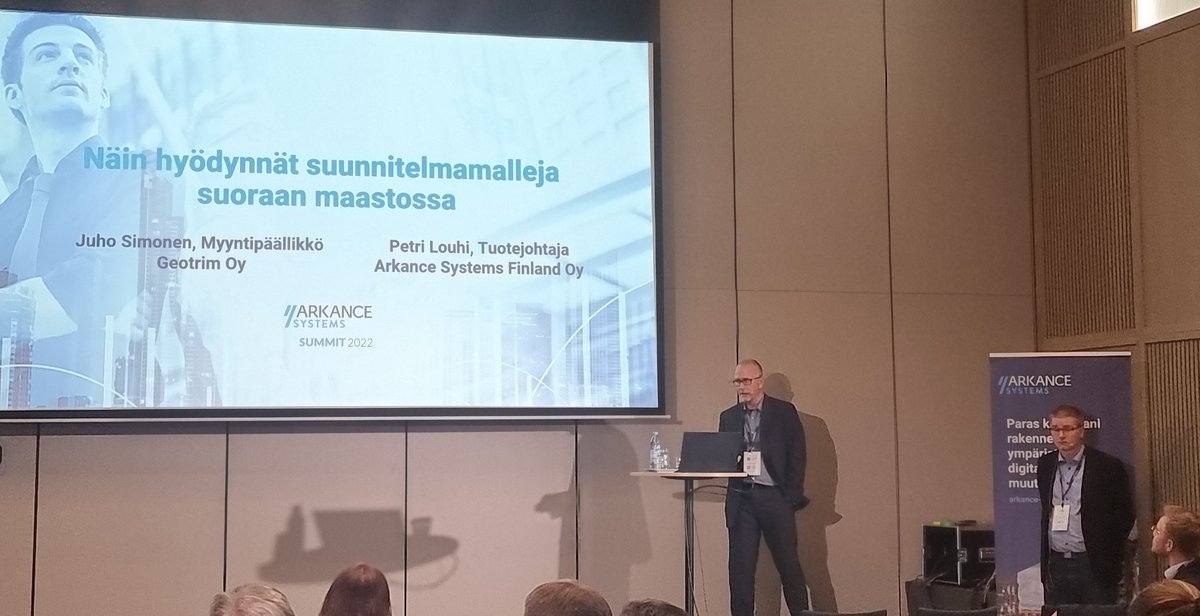 Suunnitelmamalliem hyödyntäminen maastossa Juho Simonen /<a href="/geotrim_oy/">Geotrim</a> ja <a href="/petrilouhi/">Petri Louhi</a> / <a href="/ArkanceSystemFi/">Arkance Systems Finland Oy</a> #arkancesummit