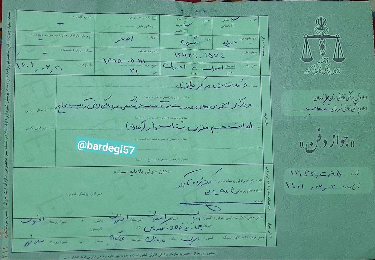 bardegi57's tweet photo. جنایت کردید حروم زادها
گلوله از پشت ماشین عبور کرده و به صورت شیرین علیزاده برخورد کرد
جواز دفن هم نوشته اصابت گلوله
(کی این جنایت از یاد میبره!!؟؟)
به خانواده گفتن سکوت کنید ،شهیداعلام میکنیم!!! 
خانواده دنبال قاتلش نه برچسب شهید! 
#شیرین_علیزاده 
#نه_میبخشیم_نه_فراموش_میکنیم https://t.co/iJ4xdtu8sv