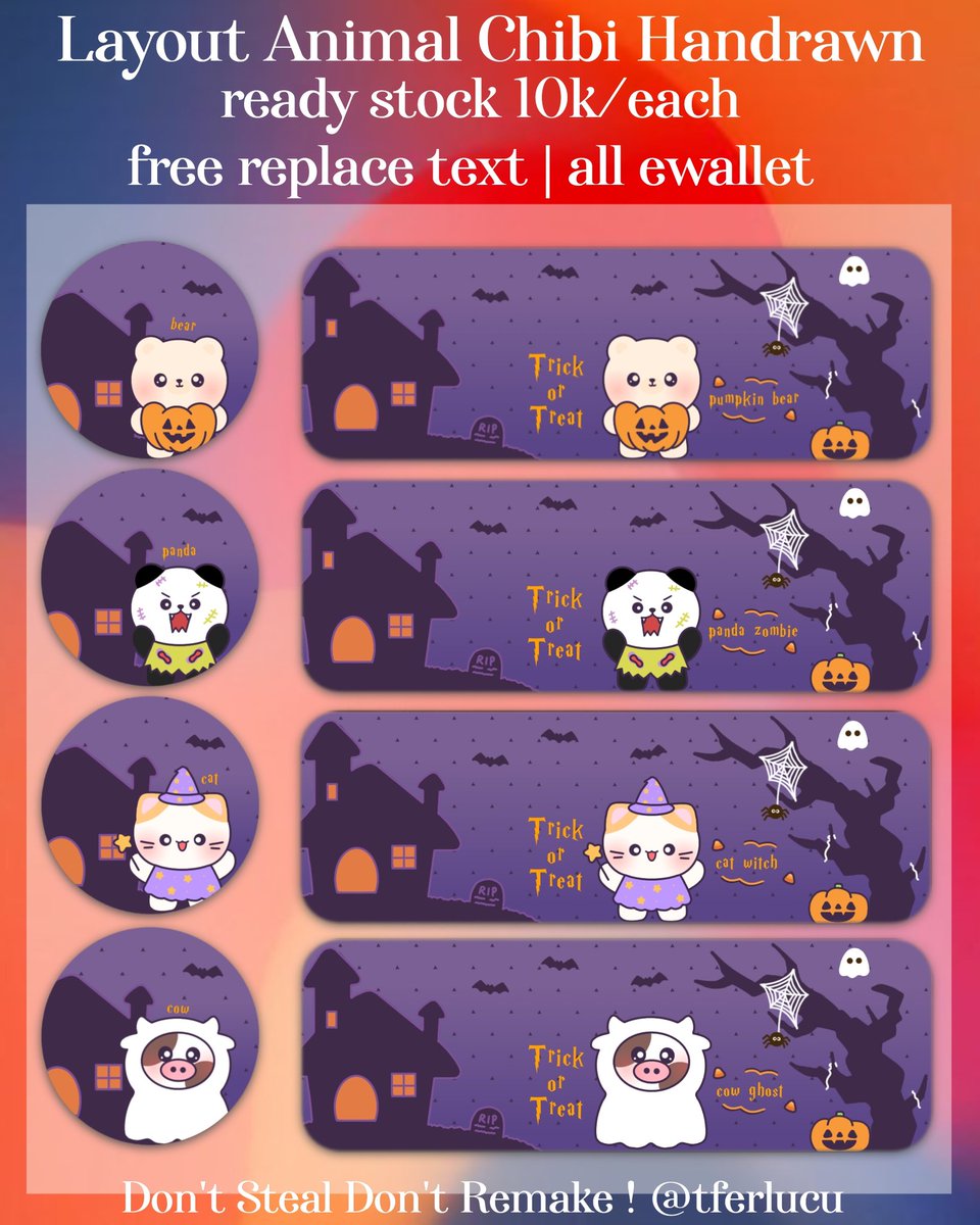 a retweet would be appreciated

Halooo 🎃 Hyza bawa layout  ready stock animal chibi halloween🙀
Price : 10k/each 
Include 2 ava, jpg sama png

💵 All e-wallet (QRIS)
💌 Jangan lupa mention after dm !

Tag #zonauang #zonaba