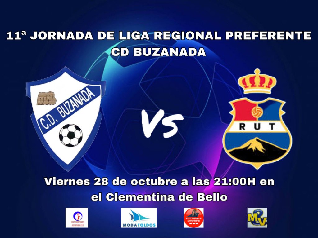 ¡11ª JORNADA REGIONAL PREFERENTE! 

➡️CD Buzanada ⚔️ Real Unión 
🗓️ 28.10.22 a las 21:00H
📍 Clementina de Bello 

✔️No te lo pierdas y ven a animar a nuestros chicos en el Clementina 👏🏼‼️ 

⭕️ A sumar, chicos 💪🏻 

#VAMOSBORUSSIA ⚪️🔵
