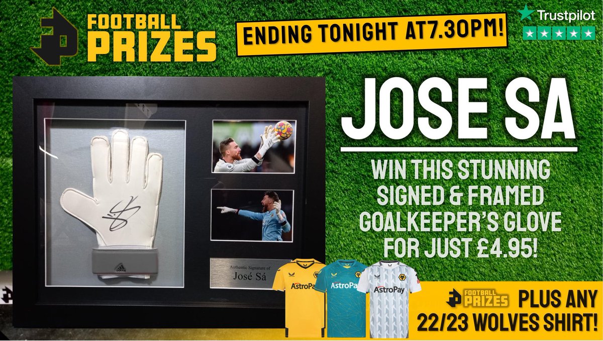 Win a Jose Sa signed glove 🧤 (his good wrist penalty saving side) Ends 7.30pm tonight! 🐺 10% discount code - WOLVESPODDY RT for free entry chance footballprizes.co.uk/product/jose-2… @football_prizes #wwfc