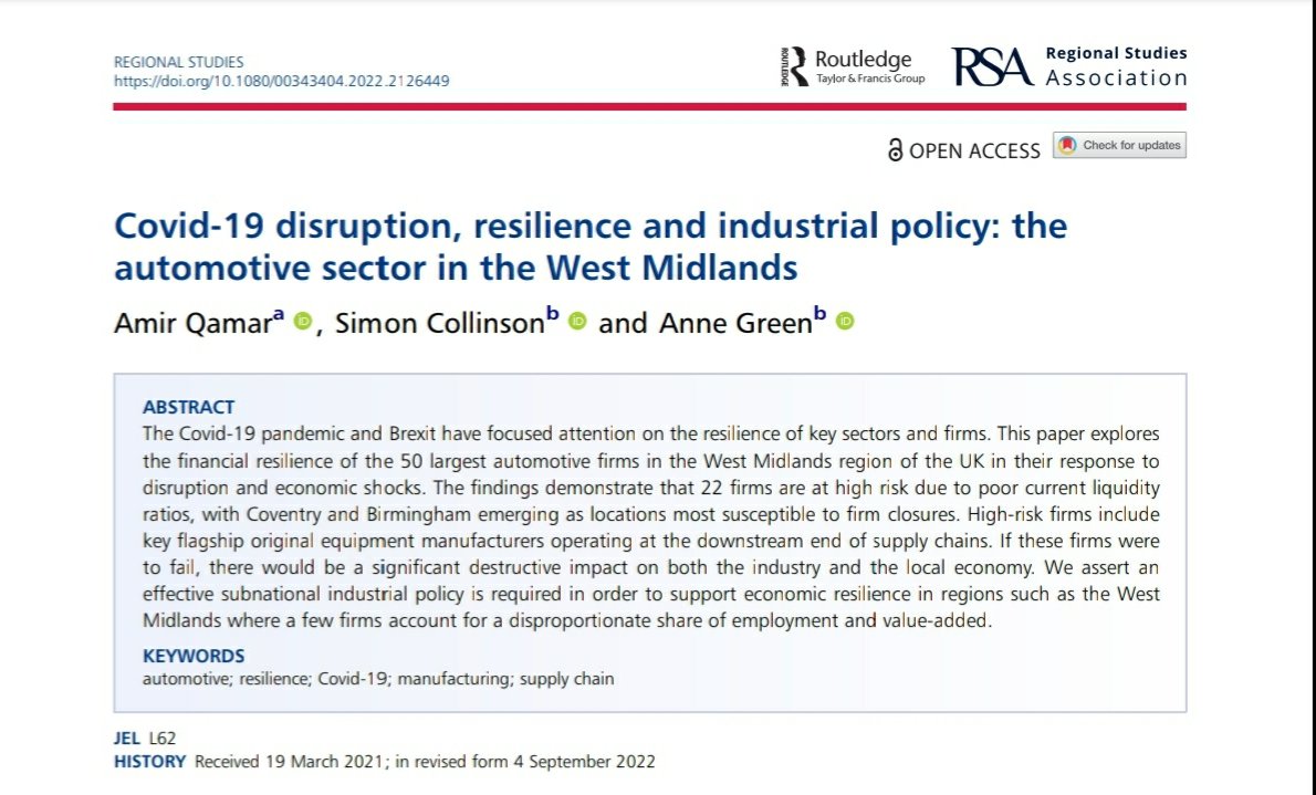 amirqamar88's tweet photo. Pleased to share our new article in @RegionalStudies - exploring the financial #resilience of the #automotive sector in the West Midlands @CityREDI @WMREDI 

https://t.co/Vxkoc60QLi https://t.co/AXjkChlkP0