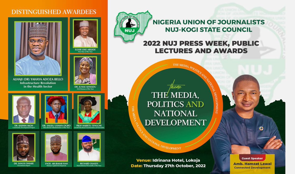 @connected_dev CEO @HamzyCODE will be speaking live at the 2022 NUJ Press Week, Public Lectures & Awards happening tomorrow in Lokoja👏 Join the event for an in-depth discussion on the dynamics between the Media & Politics & how both can work together for National Development👌