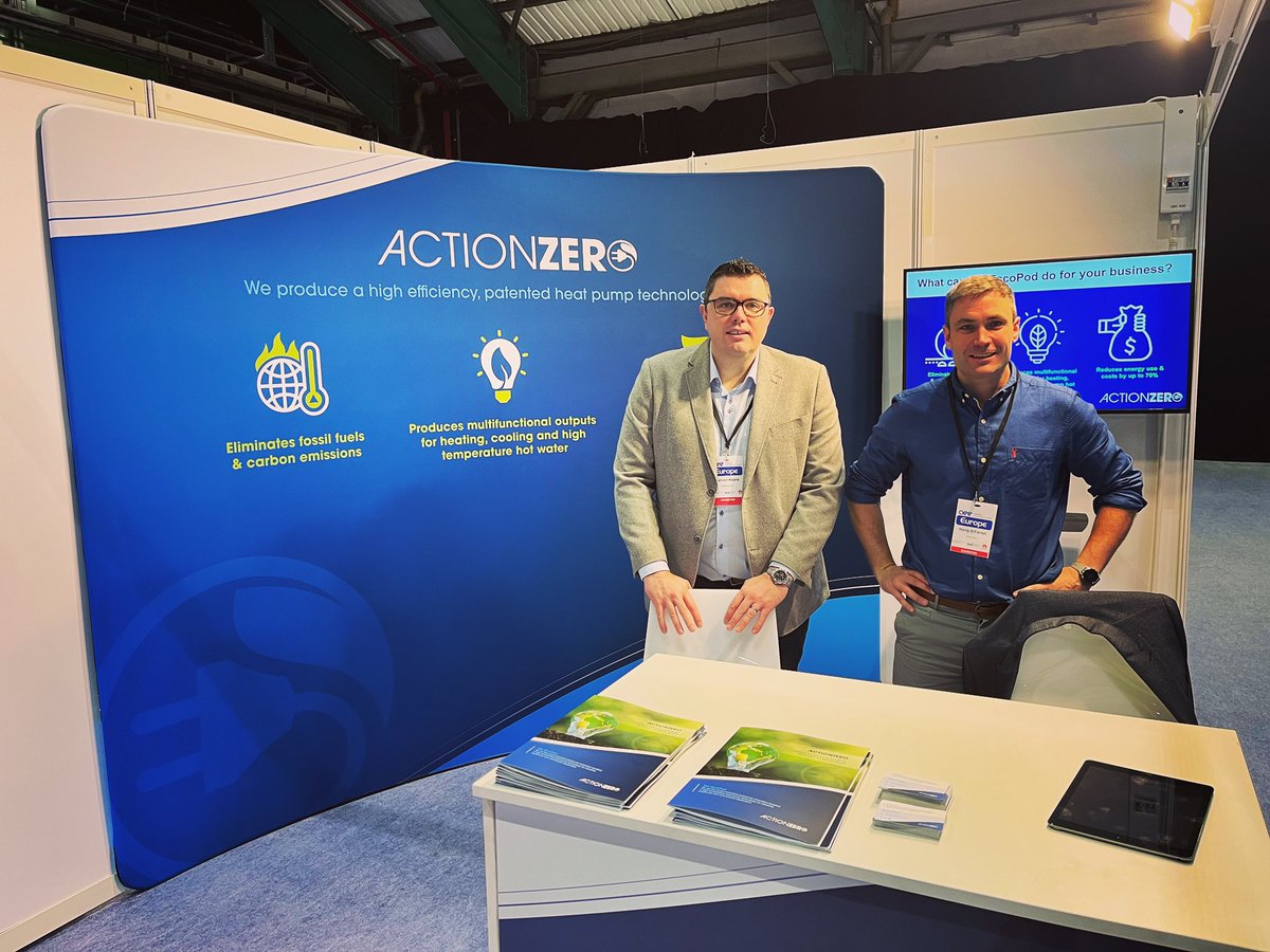 hofarrell2's tweet image. Exhibiting at @AEurope22 in @TheRDS, come down to stand F09 to learn about @ActionZero_ie EscoPod high temperature high efficiency heat pump solutions for industry, healthcare and enterprise applications. #HeatPumps