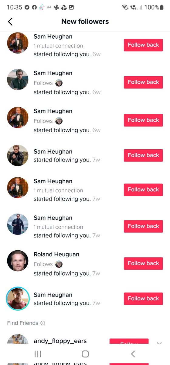 AngelaRyanMe's tweet photo. I thought the #scamnotsam situation was bad on Twitter and IG. Since he he went on TikTok I've had these follows. Some even replied to my comments on Sam's posts pretending to be him. Careful out there folks. Will the real @SamHeughan please stand up? https://t.co/P7zwhrKQ8G