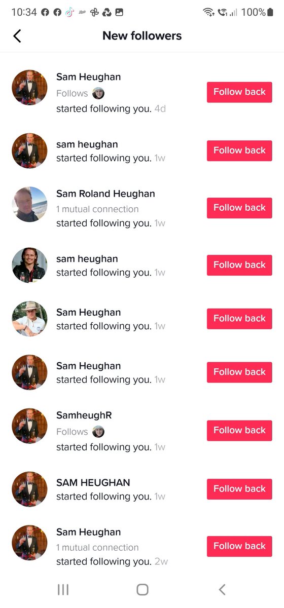 AngelaRyanMe's tweet photo. I thought the #scamnotsam situation was bad on Twitter and IG. Since he he went on TikTok I've had these follows. Some even replied to my comments on Sam's posts pretending to be him. Careful out there folks. Will the real @SamHeughan please stand up? https://t.co/P7zwhrKQ8G