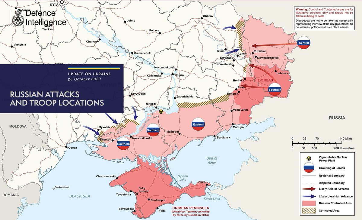 The illegal and unprovoked invasion of Ukraine is continuing. The map below is the latest Defence Intelligence update on the situation in Ukraine – 26 October 2022 Find out more about the UK government's response: ow.ly/mKCg50Ll75O 🇺🇦 #StandWithUkraine 🇺🇦